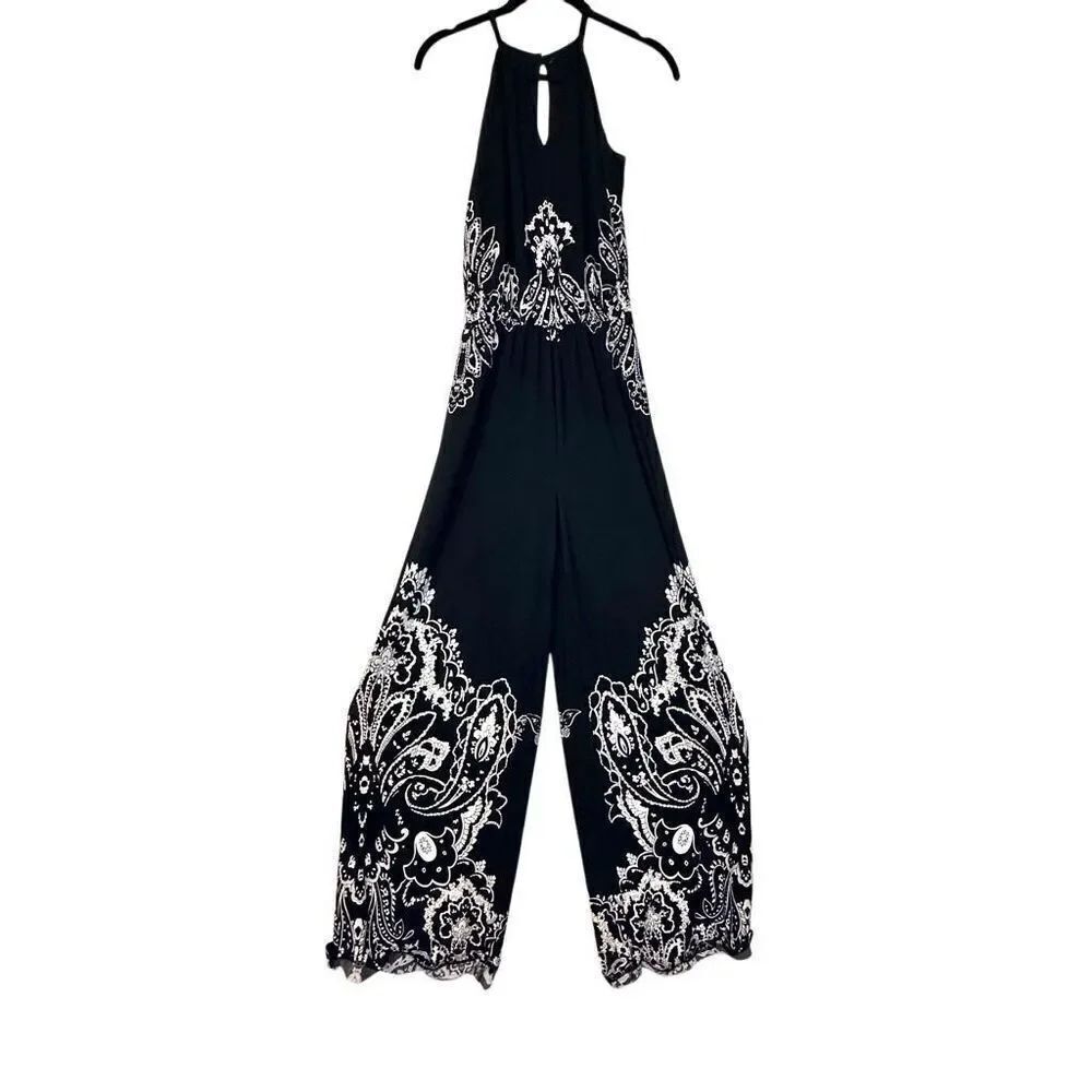 Soho Chic Keyhole Halter Paisley Sleeveless Black White Maxi Jumpsuit Size Small